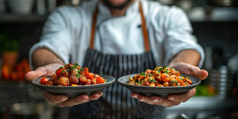 Close-up of two plates of food placed on both hands of the chef in the hotel kitchen.