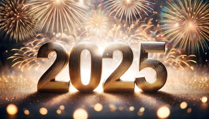 A luxurious 2025 New Year text in shimmering gold, surrounded by dynamic fireworks bursting, a celebration holiday greeting card with gold year, fireworks, and bokeh lights