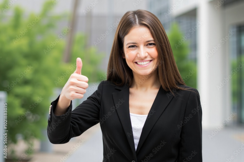 Wall mural smiling businesswoman making thumbs up gesture outdoors