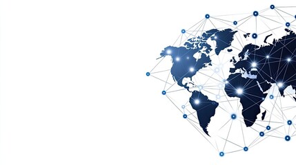 The design features an abstract world map with intricate details, showcasing global network connections, set against a bright white backdrop