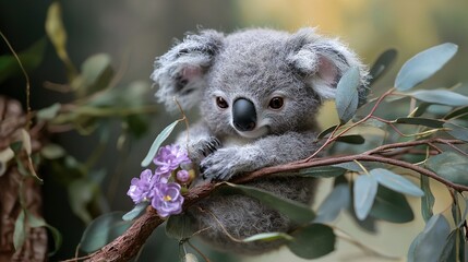 Obraz premium A purple-flowered koala bear sits atop a tree branch, gazing intently at the camera