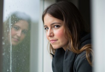 Young woman looking out rainy window contemplating life