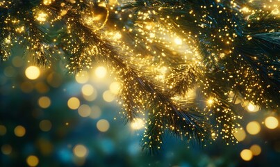 Glittering tinsel draped over a Christmas tree branch, with each strand reflecting light and adding a shimmering texture