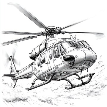 recommend clip art: A detailed black and white line drawing of a helicopter in flight.