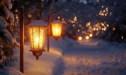 Glowing golden lanterns illuminating a snowy outdoor scene, creating a warm, inviting ambiance on a cold winter night