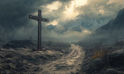Fototapeta premium Crucifix in a Dramatic Mountainous Environment. Atmospheric Christian Concept