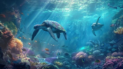Two sea turtles glide through a vibrant coral reef, illuminated by sunbeams piercing the clear blue water of an aquatic paradise.