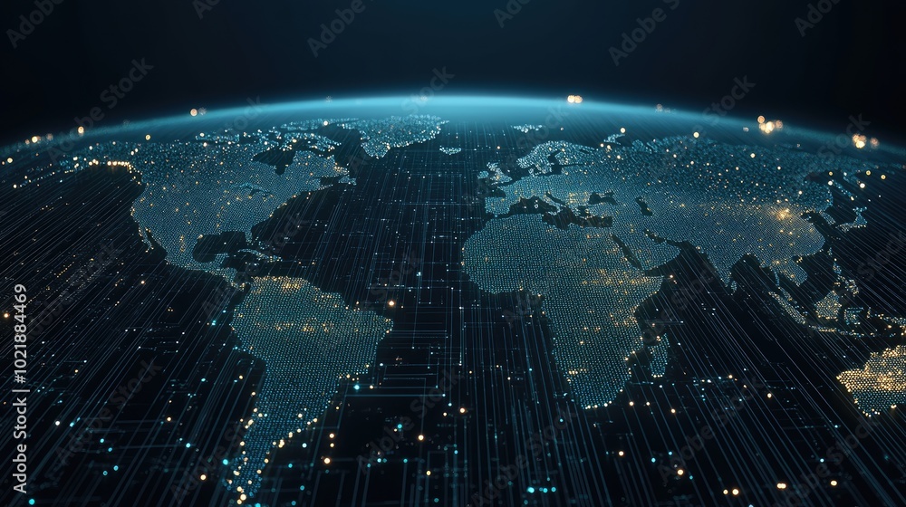 Poster the design features an abstract world map with intricate details, showcasing global network connecti