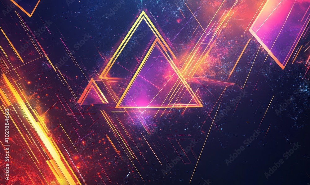 Poster dynamic abstract composition with neon triangles and linear streaks over a radiant gradient backgrou
