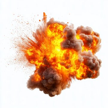 A large explosion erupts, producing a fiery ball and thick smoke, creating an intense visual spectacle in a clear setting