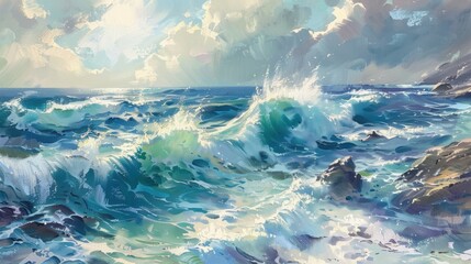 A vibrant seascape with crashing waves, bright sunlight, and dramatic clouds, depicting the beauty and power of the ocean