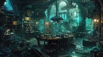 A dimly lit, atmospheric room filled with cluttered books, artifacts, and mysterious objects, evoking a sense of magic and intrigue.