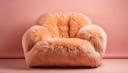 A peach fuzz plush chair isolated on a pink peach fuzz background.; light living room interior, Copy space