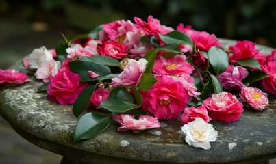 Obraz premium Freshly picked camellias spread to dry on the stone table in garden