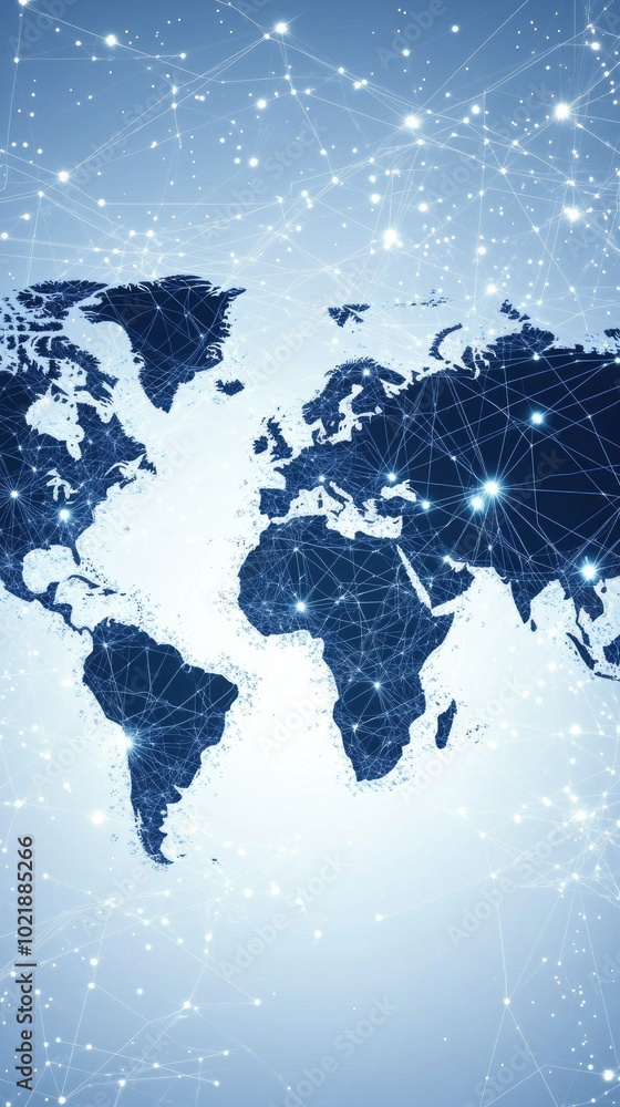 Poster the design features an abstract world map with intricate details, showcasing global network connecti