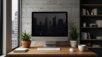 Freelancer's workspace in an apartment. The workspace includes a laptop, notepad, and various office supplies, all set against a cozy and personalized background.