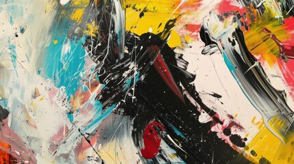Craft an abstract expressionist piece. An abstract painting showcasing vibrant colors, dynamic brush strokes, and expressive forms, creating an energetic visual experience.