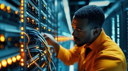 computer engineer running cable working in server room, data center technician