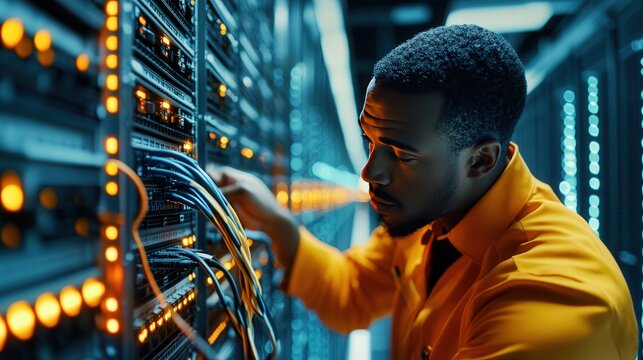computer engineer running cable working in server room, data center technician