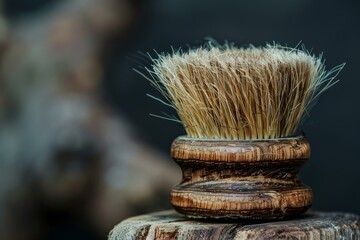 Shaving brush with natural bristles standing on wooden stand in barbershop