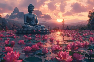 Buddha meditating on an island in the middle of a lotus-filled lake, with a mountain range behind him. 