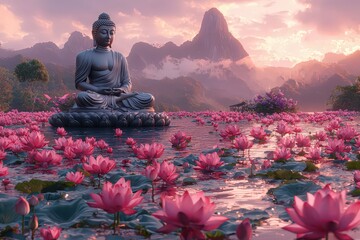Buddha meditating on an island in the middle of a lotus-filled lake, with a mountain range behind him. 