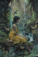 A serene figure in a yellow dress, surrounded by lush greenery and cascading water, embodies tranquility and connection to nature