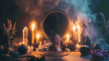  mystical altar , burning candles, and a black mirror for scrying,  dark, smoky background