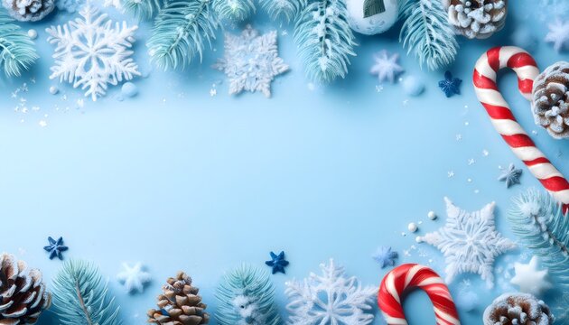 A snowy Christmas banner frame bordered with icy blue snowflakes, glittering stars, Christmas background frame with copy space