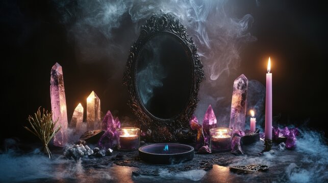  mystical altar , burning candles, and a black mirror for scrying,  dark, smoky background