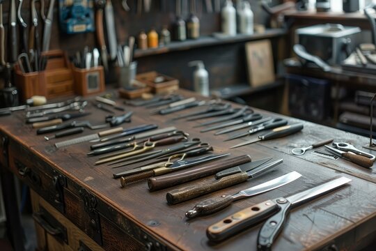 Variety of professional barber tools are displayed neatly on a wooden countertop, ready to be used for a stylish haircut at a vintage barbershop
