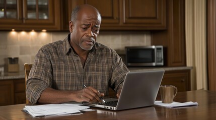 An older Black man in his fifties sits at a kitchen table, looking distressed as he types on his laptop, papers strewn about, reflecting deep thought amidst a cozy environment