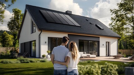 Portrait of a young couple standing in front of their modern house.