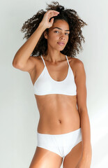 Fototapeta premium Confident Woman in White Underwear Posing Against White Background