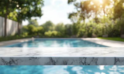 Empty marble table in front with blurred background of swimming pool