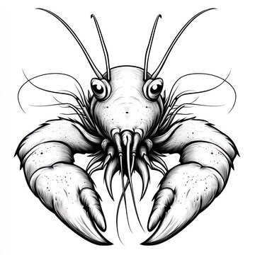 recommend clip art: A detailed line drawing of a lobster with its claws forward.