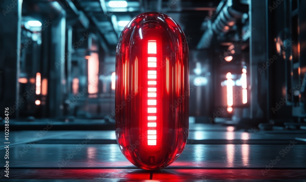 Poster futuristic red capsule with illuminated segments in a high-tech industrial setting, resembling a sci
