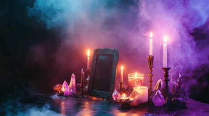  mystical altar , burning candles, and a black mirror for scrying,  dark, smoky background