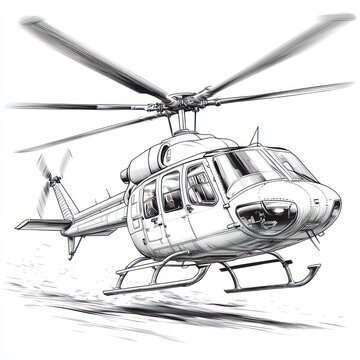 recommend clip art: A detailed line drawing of a helicopter taking off, with a blur of motion depicted in the background.