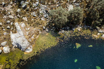 Churup Lagoon Aerial View with Turquoise Waters in the Cordillera Blanca Mountain Rand in the Huascaran National Park Seen from Above, in Ancash, Peru