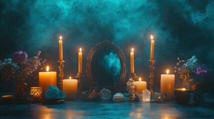  mystical altar , burning candles, and a black mirror for scrying,  dark, smoky background