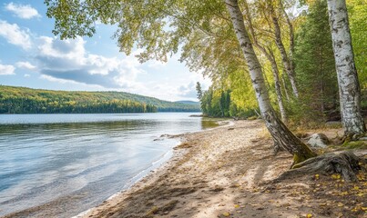 Landscape of lake shoreline with trees to shallow water