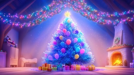 Obraz premium Festive christmas tree decorated with balloons and gifts in cozy living room