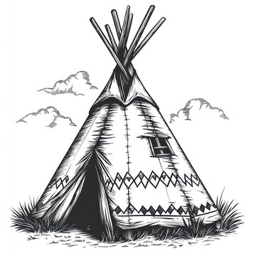 recommend clip art: Hand drawn illustration of a teepee with a door and a window in front of a cloud background.