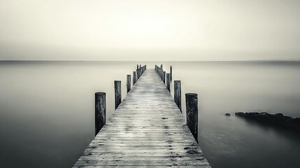  A black-and-white image of a pier in the center of a water body during a foggy day