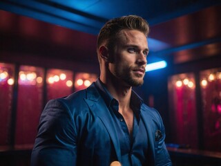 Fototapeta premium Muscular man with blue eyes poses in a stylish indoor setting, showcasing confidence and elegance in evening attire.