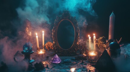  mystical altar , burning candles, and a black mirror for scrying,  dark, smoky background
