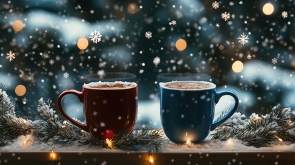 Fototapeta premium Two festive mugs filled with fluffy marshmallows sit on a table decorated with stars and pine, with soft snowflakes falling in the background and lights twinkling softly