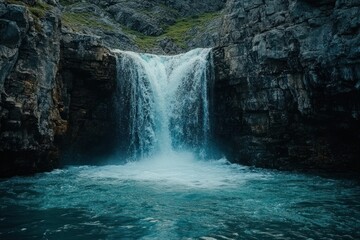 Naklejka premium A cascading waterfall flows over rocky cliffs into a tranquil pool of turquoise water.