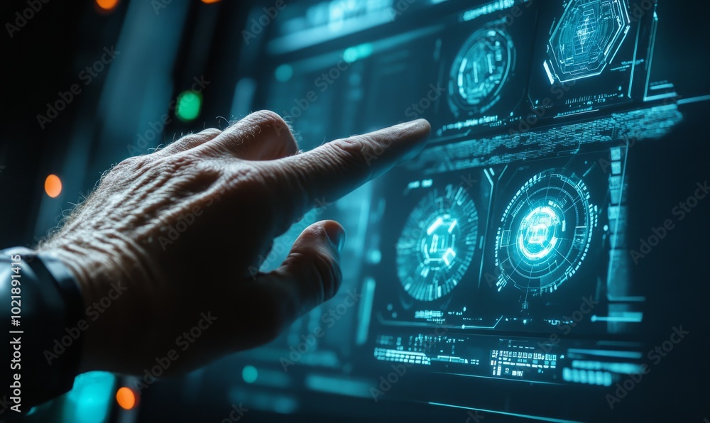 Aufkleber man hand using cybersecurity interface